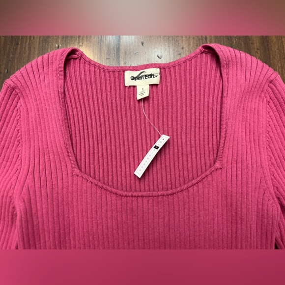 Open Edit Ribbed Sweater Size Small Pink Square Neck Spring Easter Asymmetrical - Picture 4 of 9